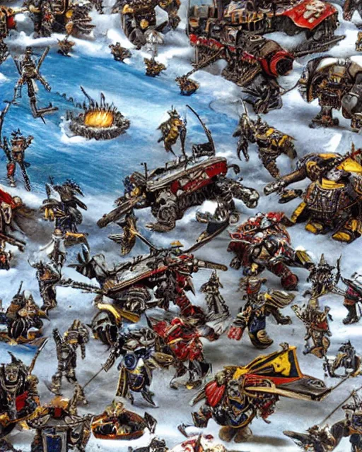 Prompt: postcard showing 'warhammer space marines frolicking in the snow' laying on coffee table, zoomed out, HD, iphone capture