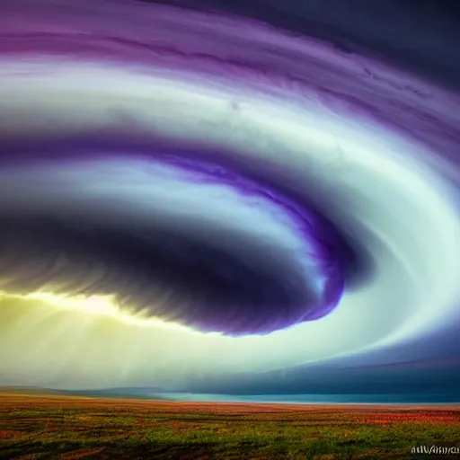 Image similar to amazing photo of purple clouds in the shape of a tornado by marc adamus, digital art, beautiful dramatic lighting