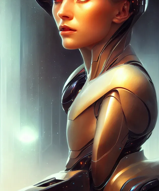 Prompt: futuristic android portrait, sci-fi, amber eyes, face, long hair, fantasy, intricate, elegant, highly detailed, digital painting, artstation, concept art, smooth, sharp focus, illustration, art by artgerm and greg rutkowski and alphonse mucha