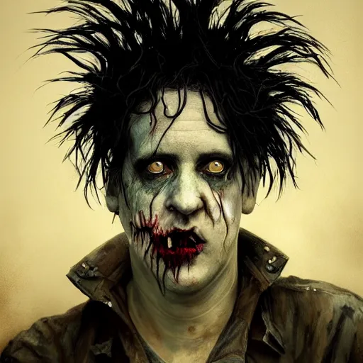 Image similar to portrait of robert smith as a zombie, 7 days to die zombie, fine art, award winning, intricate, elegant, sharp focus, cinematic lighting, highly detailed, digital painting, 8 k concept art, art by guweiz and z. w. gu, masterpiece, trending on artstation, 8 k