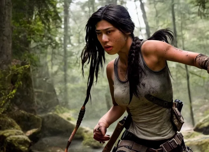 Image similar to film still of!!!! amber midthunder!!! as lara croft in new tomb raider movie, 8 k