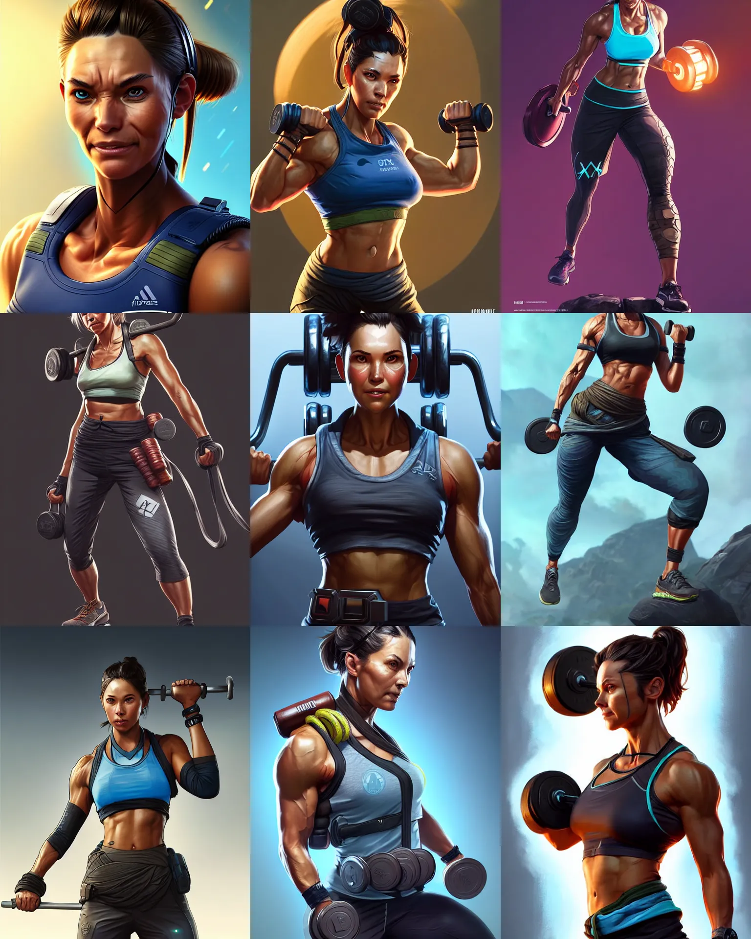 Prompt: fitness coach as an apex legends character digital illustration portrait design by, mark brooks and brad kunkle detailed, gorgeous lighting, wide angle action dynamic portrait