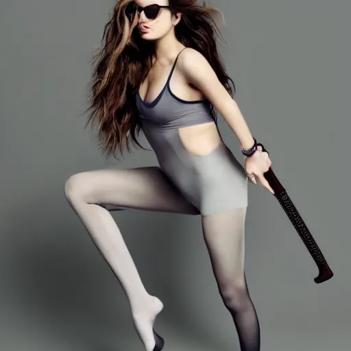 Prompt: a beautiful + long hair + cool glasses + holding weapon + tights + ana de armas, beautiful and smooth soft light, grey background, cinematic lighting, photography, realistic photo, 7 0 mm lens, 4 k, highly detailed, instagram,
