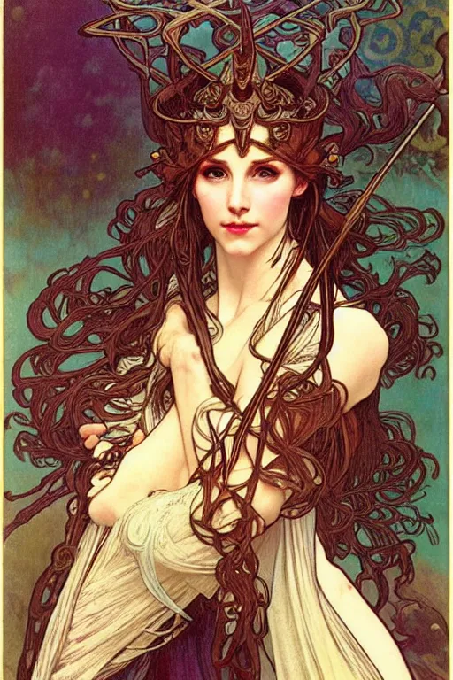 Prompt: head and shoulders portrait of an eldritch knight, elf, beautiful, female, breastplate, magical, high fantasy, d & d, by alphonse mucha, face details, extremely detailed, vogue fashion photo