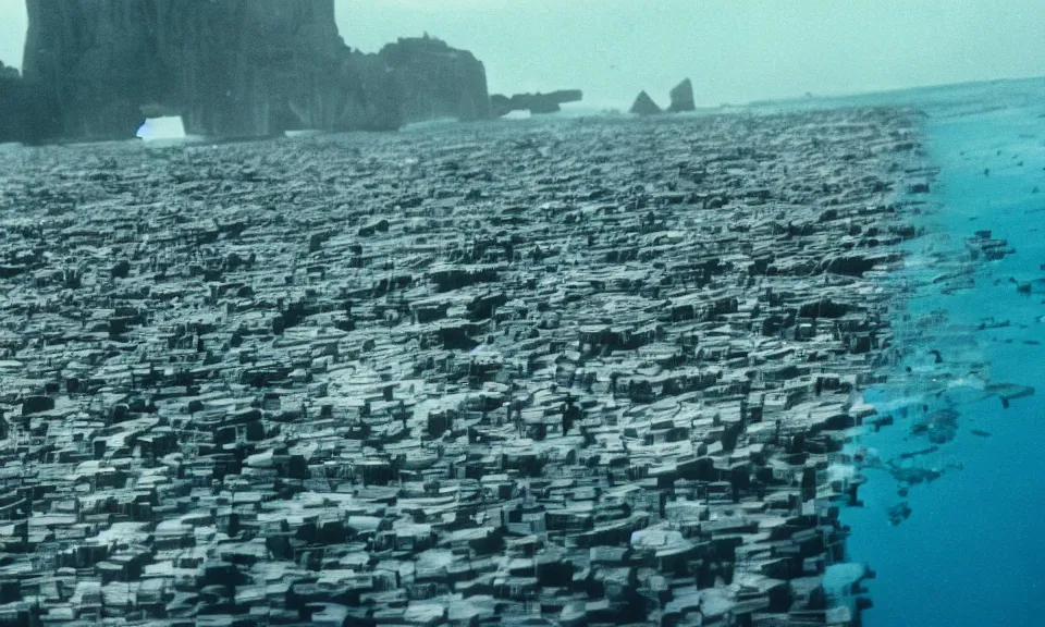 Image similar to 3 5 mm film still atlantis city in the ocean