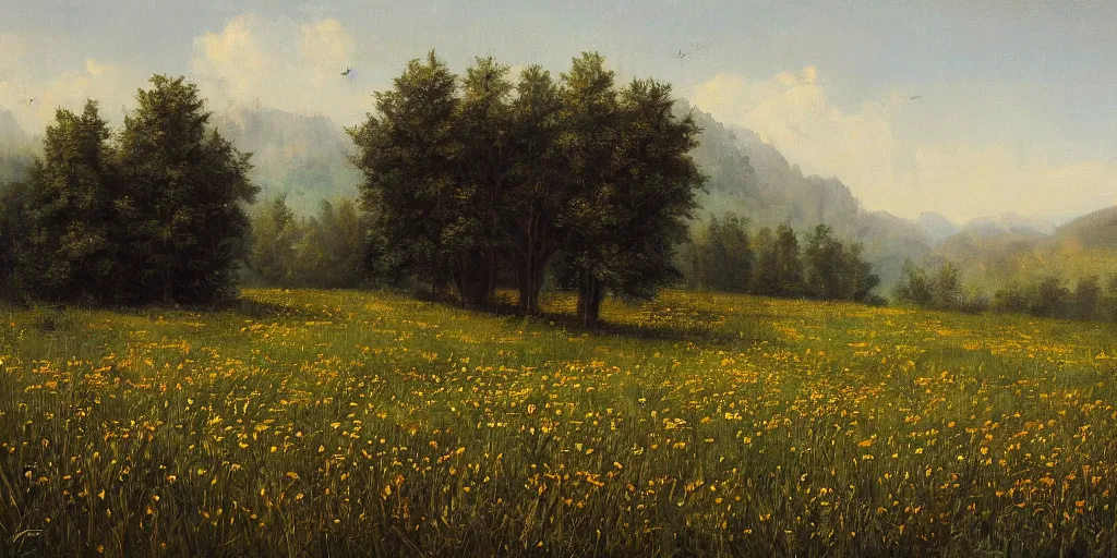 Image similar to a dark oil painting of a beautiful meadow; masterpiece; extremely-detailed; by Carravaggio