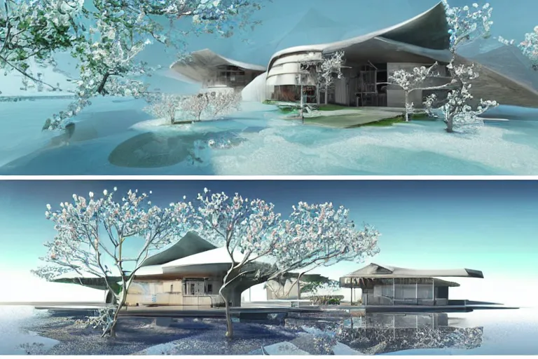 Image similar to futuristic luxurios chic Japanese house with Singaporean lush sakura trees, white and royal blue theme, sakura season, advanced, expensive architecture, elegant, at Salar De Uyuni with Hexagonal formations on the surface of salt crystallization, sandwiched between sedimentary deposits, bubbling geysers, marvellous reflection of the sky, digital painting, concept art, smooth, sharp focus, from Star Trek 2021, illustration, by WLOP and Ruan Jia and Mandy Jurgens and William-Adolphe Bouguereau, Artgerm