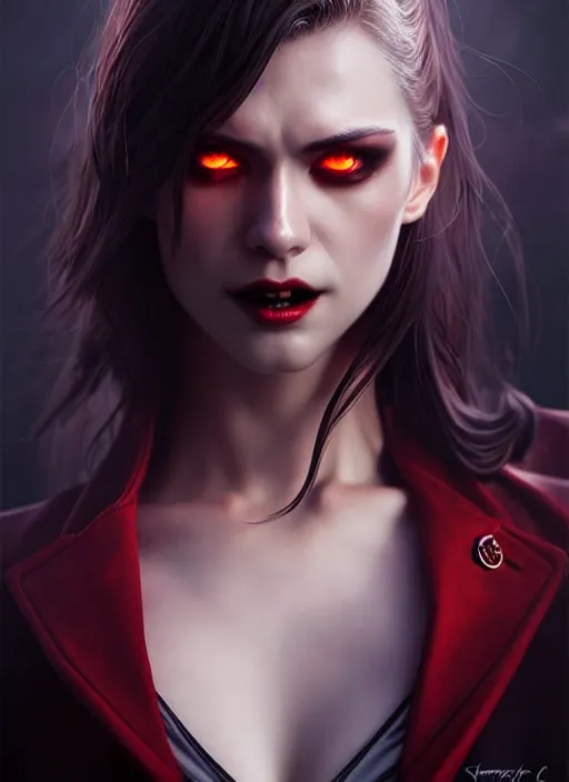 Prompt: vampire in the style of stefan kostic, realistic, full body shot, wide angle, sharp focus, 8 k high definition, insanely detailed, intricate, elegant, art by stanley lau and artgerm, floating embers