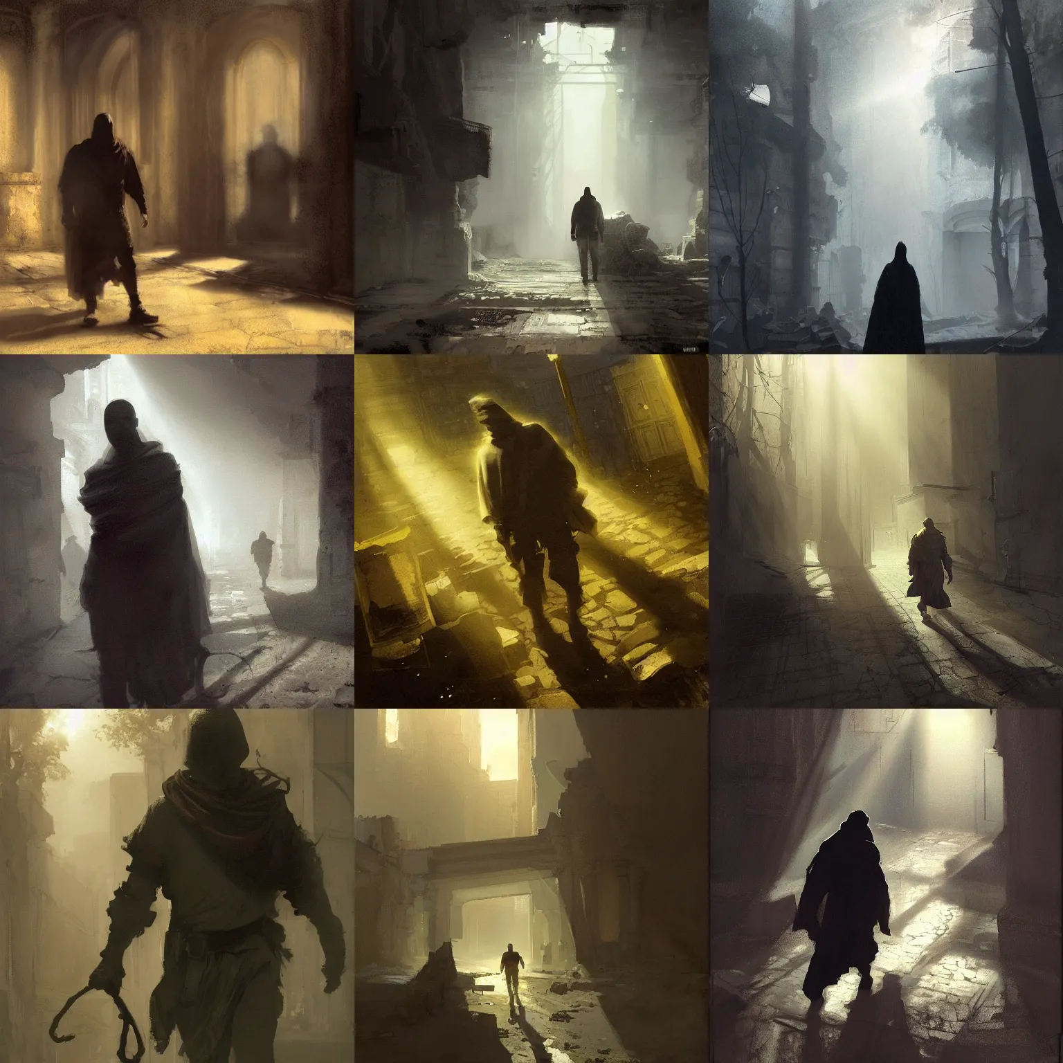 Prompt: clso up portait of magican wearing a closed cerimonial cowl, big old book chained to the wrist, by jeremy mann, by craig mullins, by caravaggio and mike mignola, face in the shadows, walking between ruins of ancient rome at dusk, mysterious atmosphere, sunrays, high detailed, 8 k