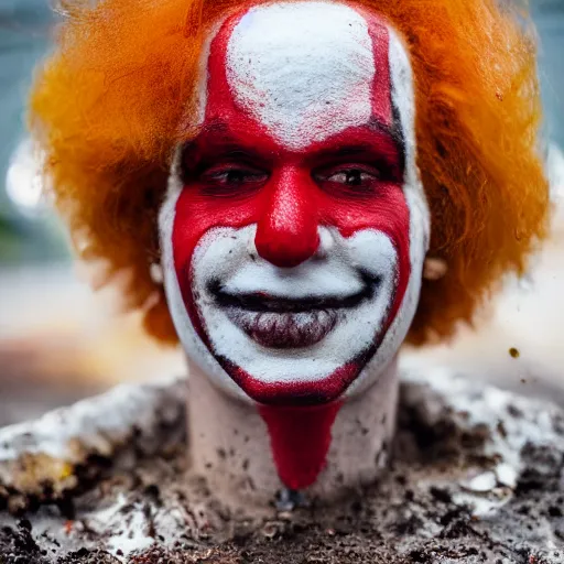 Image similar to Close up photograph of Ronald McDonald emerging from a dirty puddle, white facepaint, red afro, red round nose, yellow jumpsuit!! creepy smile!!!, highly detailed, F32