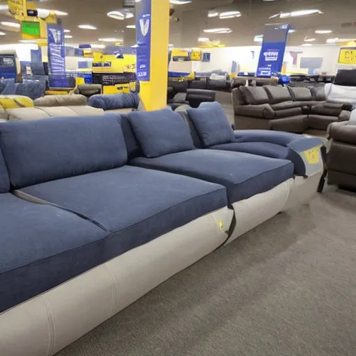 Prompt: security footage of a couch robbing a Best Buy