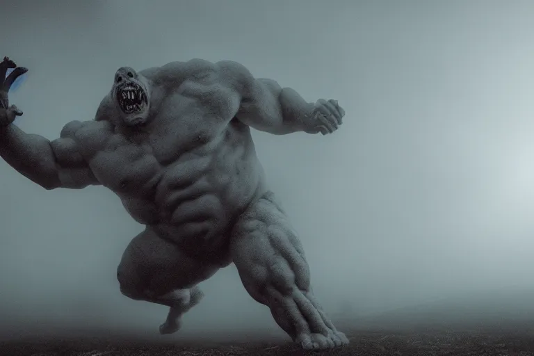 Prompt: a giant monster made of flesh and muscles, very angry, misty, foggy, ambient light, terror, glows,