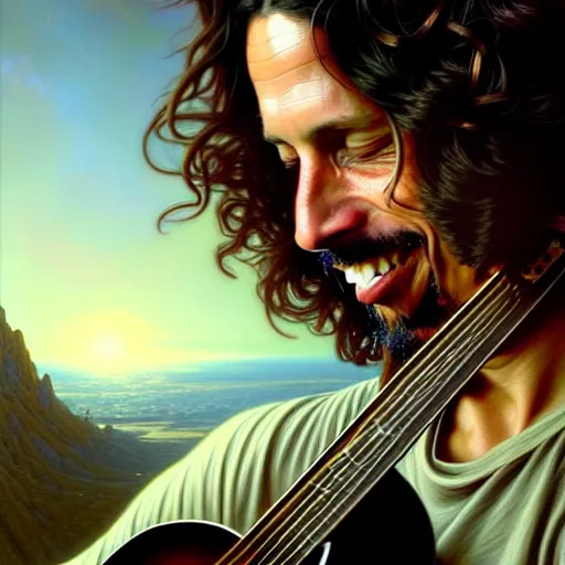 Image similar to portrait painting of chris cornell playing guitar in heaven, happy smile on his face, ultra realistic, concept art, intricate details, eerie, highly detailed, photorealistic, octane render, 8 k, unreal engine. art by artgerm and greg rutkowski and magali villeneuve and alphonse mucha