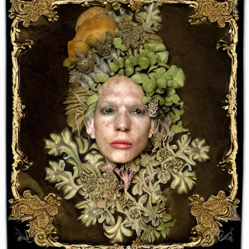 Image similar to a beautiful detailed front view baroque portrait of a rotten woman corpse with fractal plants and fractal flowers and mushrooms growing around, intricate, ornate, bones, volumetric light, beautiful lit, polaroid photography