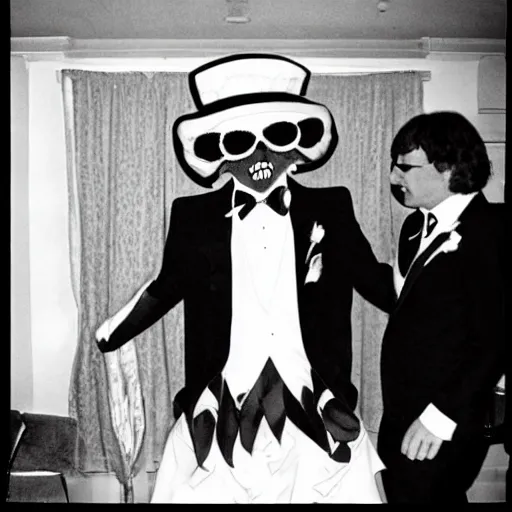 Image similar to 1980s photo of Cthulhu as best man at a wedding