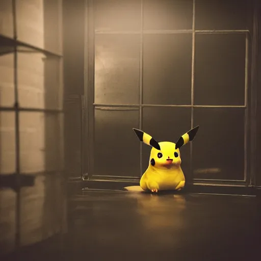 Image similar to pikachu in the backrooms, liminal spaces, dramatic lighting, dark and moody