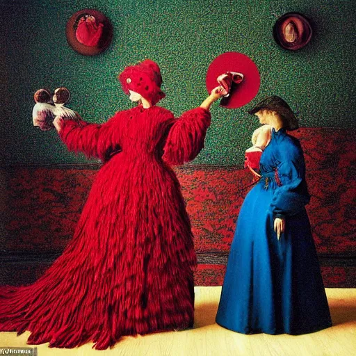 Prompt: surreal colour photography of a red raven dark turquoise and shadows by sandy skoglund and heironymus bosch, victorian painting