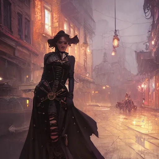 Prompt: a photograph of an attractive women in a steampunk city by greg rutkowski, sung choi, mitchell mohrhauser, maciej kuciara, johnson ting, maxim verehin, peter konig, 8 k photorealistic, cinematic lighting, hd, high details, dramatic, dark atmosphere, trending on artstation