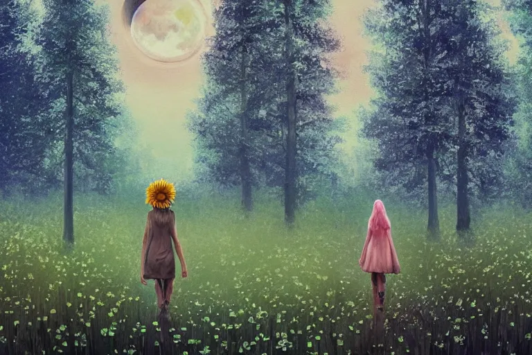 Image similar to giant daisy flower on head, girl walking in forest, big trees, surreal photography, dark night, stars, moon light, impressionist painting, clouds, digital painting, artstation, simon stalenhag