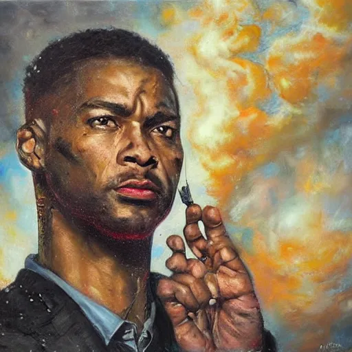 Prompt: a powerful psychic man emitting psychic powers, by tim okamura,