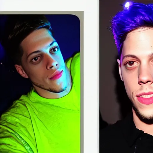 Image similar to pete davidson watching movies in the dark wearing neon clothes