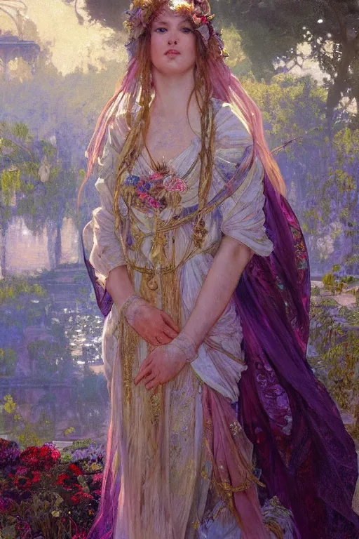 Image similar to hyperrealist portrait of a girl emperorit is decorated with long robes that fall like stars, an ostentatious palace and garden are seen in the background. by jeremy mann and alphonse mucha, fantasy art, photo realistic, dynamic lighting, artstation, poster, volumetric lighting, very detailed faces, 4 k, award winning