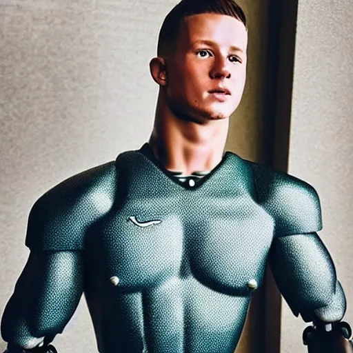 Image similar to “ a realistic detailed photo of a guy who is an attractive humanoid who is half robot and half humanoid, who is a male android, football player christian mccaffrey, shiny skin, posing like a statue, blank stare, on the bed, on display ”