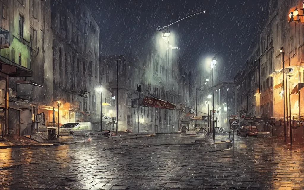 Image similar to concept art, wet helsinki street at night, in the style of grand theft auto gameplay