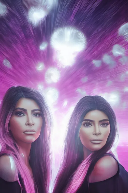 Prompt: 3d realistic dramatic infrared photo of kim kardashian and kylie jenner as schoolgirls falling in a dark subway station in Japan. Close-up portrait. There are pink palm trees and translucent glowing jellyfish flying around. Volumetric composition. Pastel colors in the style of Hiro Kiyohara, redshift, octane, trend artstation, cinematic, hyper realism, high detail, 8k