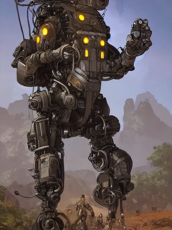 Prompt: solarpunk digital illustration pathfinder robot from apex legends, portrait by james gurney and laurie greasley, slim, concept art, cinematic composition, hyper realism, photorealistic, dramatic lighting, highly detailed,