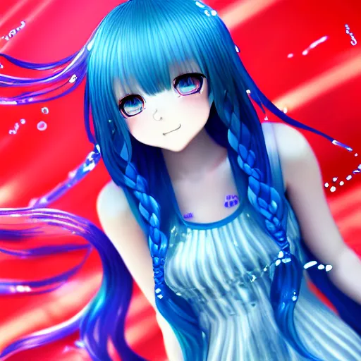 Prompt: Octane Render 16K , advanced digital anime art, a very cute and gorgeous nymph wearing a dress made of water , full body, very long wavy azure blue hair, braided hair, white highlights in hair, azure blue watery eyes, full round face, japanese beautiful cute young J-Pop idol actress girl face, cinematic lighting, mid-shot, highly intricately detailed, trending on pixiv, Artstation, DeviantArt, NicoVideo, Steven Artgerm Lau, WLOP, RossDraws, RuanJia, James Jean, Andrei Riabovitchev, Totorrl, Marc Simonetti, Visual Key, ufotable, and Sakimichan