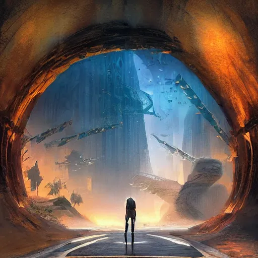 Image similar to paradise at the end of the tunnel concept art by Doug Chiang cinematic, realistic painting, high definition, digital art, symmetrical, very detailed, extremely high detail, photo realistic, concept art, unreal engine 5, album cover,