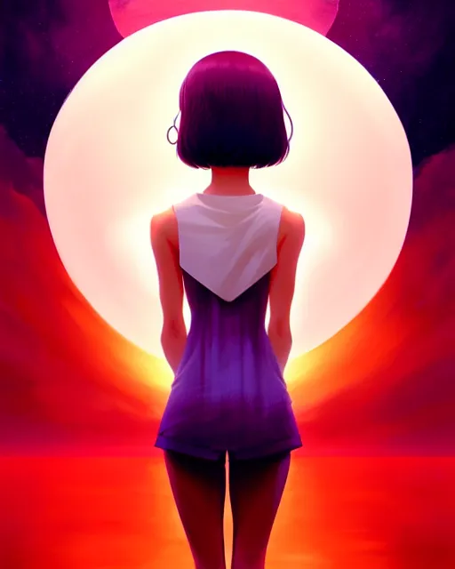 Image similar to beautiful girl floating in the middle of the sky, symmetrical face and body, symmetrical composition, dynamic wavey hair, detailed designs, digital painting, 4 k, by ilya kuvshinov, by greg rutkowski, atmospheric lighting