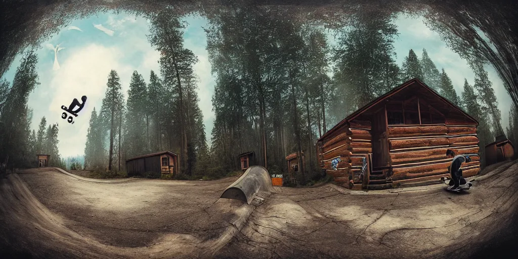 Image similar to a detailed beautiful matte painting of a skateboarder, kick flip, pilgrim village setting, log homes with graffiti, dirt road, trees by Mikko Lagerstedt and Raphael Lacoste, graffiti log homes with graffiti by Fintan Magee, fisheye lens