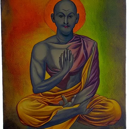 Image similar to a monk with four hands holding two orbs, divine, colorfull