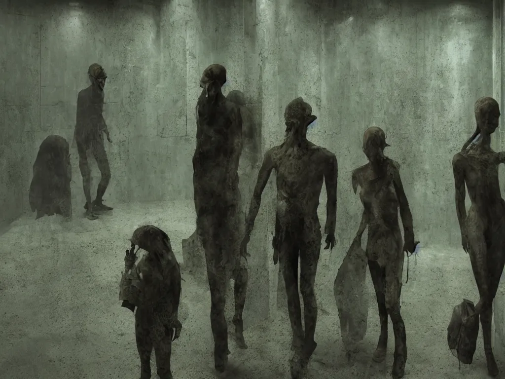 Image similar to featureless humanoid figures on the subway, dimly lit, distressed Venetian green plaster walls, liminal space, haunting atmosphere, gothic, photorealistic, hyperdetailed 3D matte painting, hyperrealism, hyperrealistic, cinematic, silent hill, horror style, 8k ultra HD octane render