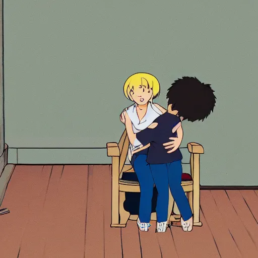 Image similar to my beautiful wife, sitting on a small wooden chair, with arms outstretched to our son for a hug, cartoon style, studio Ghibli, extreme detail, 8k