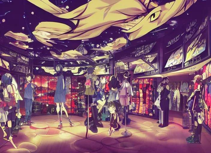 Prompt: lomography, anime background, a detailed nike shop interior, glowing, haruhiko mikimoto, hisashi eguchi, lodoss, architectural perspective, dramatic lighting, displays with detailed shoes and clothes, sharpened image, yoshinari yoh