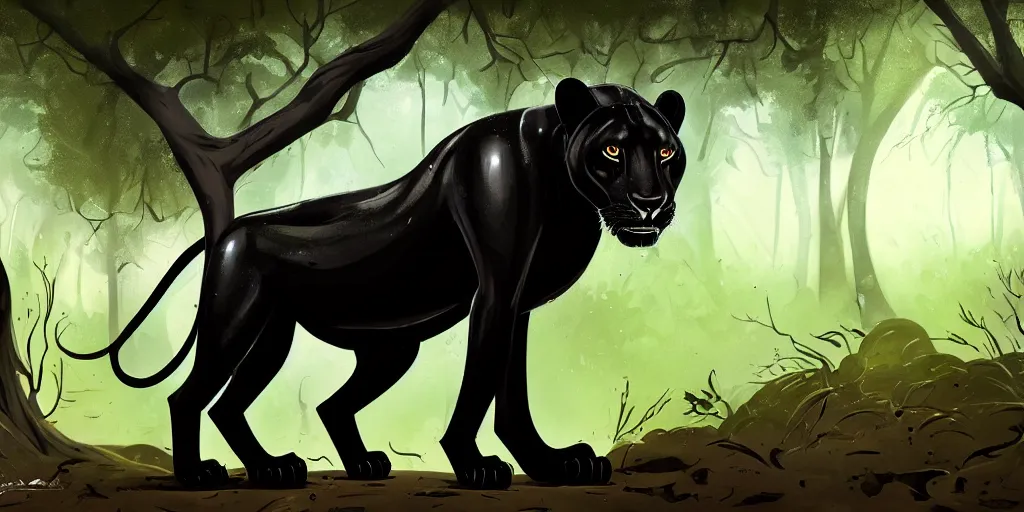 Image similar to a black lioness, made of smooth black goo, prowling through the forest, viscous, sticky, full of tar, covered with black goo. concept art, painting, animal drawing, color, savanna, wildlife photography, black goo, cinematic, in the style of cory loftis