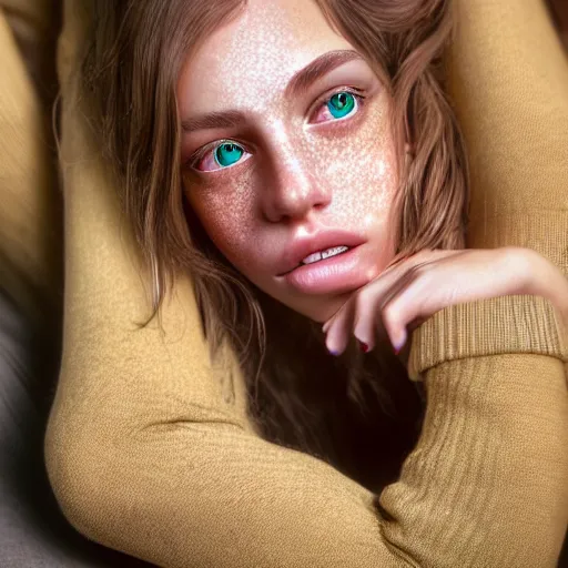 Image similar to intricate crisp portrait of a cute thin young woman, light bronze brown hair, very detailed emerald green eyes, red blush, light freckles, soft smile, casual clothes, relaxing on the couch, home interior, golden hour, close up shot, 8 k, art by irakli nadar, hyperrealism, hyperdetailed, ultra realistic