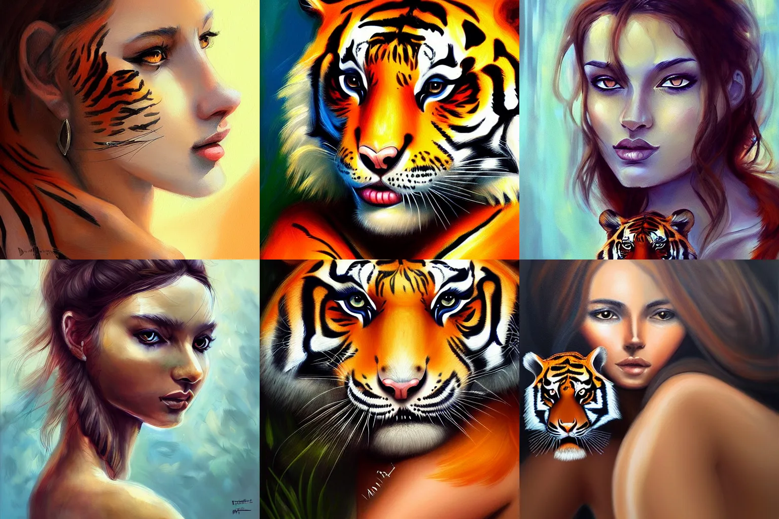 Prompt: portrait of a beautiful woman and a tiger, nature elements, painting, trending on artstation, by dimitra milan.