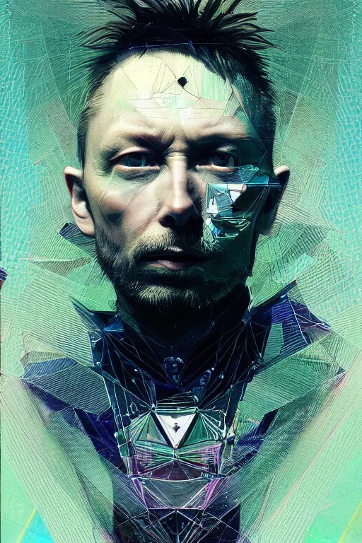 Image similar to A portrait of Thom Yorke as a cyberpunk android, iridescent geometry, surrounded by Mist, highly detailed, intricate, soft, sci-fi, sharp focus, subsurface scattering, art by Caravaggio, Greg rutkowski, Sachin Teng, Thomas Kindkade, Alphonse Mucha, Norman Rockwell, Tom Bagshaw.