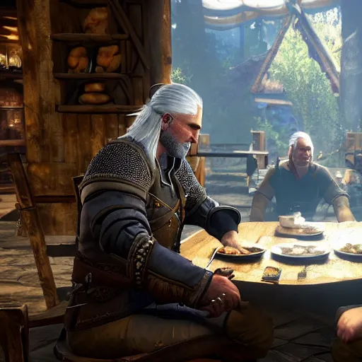 Image similar to geralt eating beans in a tavern, witcher 3 in game screenshot, epic composition