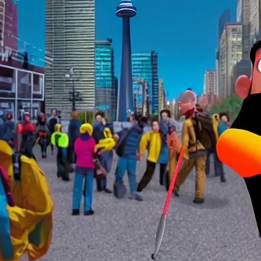 Image similar to Toronto urban stabbings tour guide, dramatic cinematic still of a Canadian being stabbed in colorful illustration by Pixar