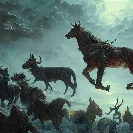 Prompt: detailed illustration of the mythical wild hunt, by greg rutkowski
