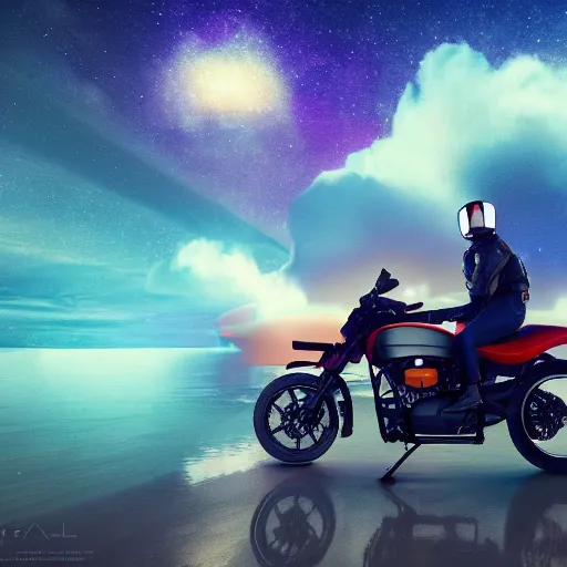 Image similar to a motorcycle floating in space inside magic colorful glowing fog, starry sky, tranquil, desolate, atmospheric, hazy, autochrome, 8k, photo, octane render, unreal engine 5