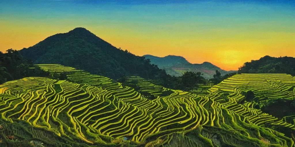 Image similar to painting of rice terraces in the evening