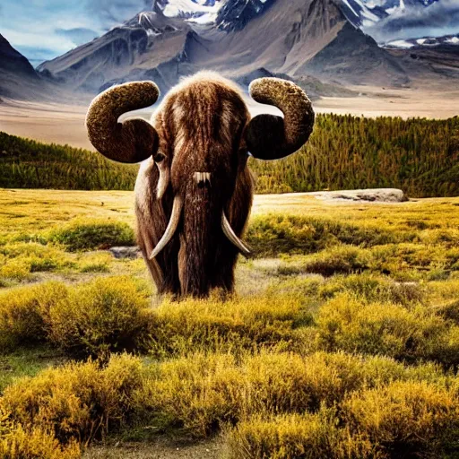 Prompt: photograph of a wooly mammoth, glacier in the background, award winning nature photography, national geographic