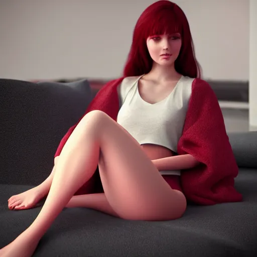 Image similar to 3 d render of a cute thin young woman, red blush, wearing casual clothes, small smile, relaxing on a couch, cuddling up under a blanket, cozy living room, medium shot, 8 k, octane render, trending on artstation, art by artgerm, unreal engine 5, hyperrealism, hyperdetailed, ultra realistic