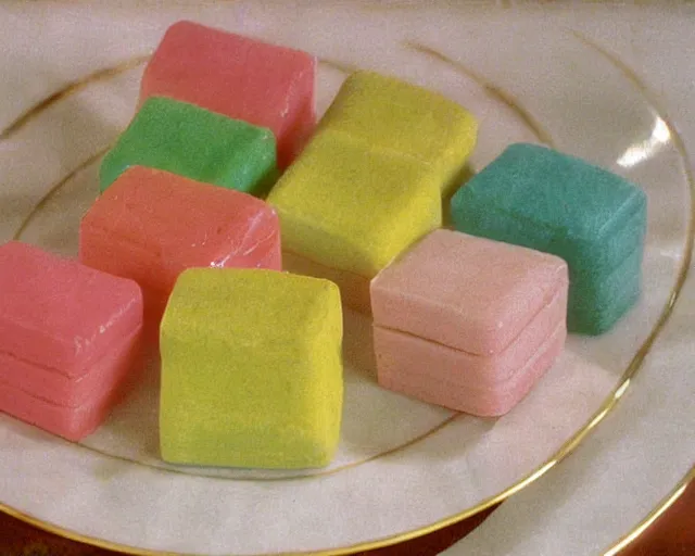 Prompt: 1970's cookbook color photograph of floral pastel petit fours high detail sharp detail